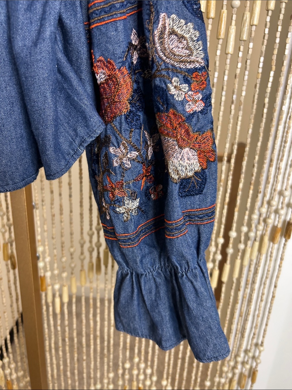 Embroidered Off-Shoulder Denim Blouse - Blue - Picture 13 of 15